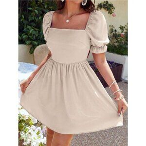 Square Neck Puff Sleeve A-Line Mini Dress
